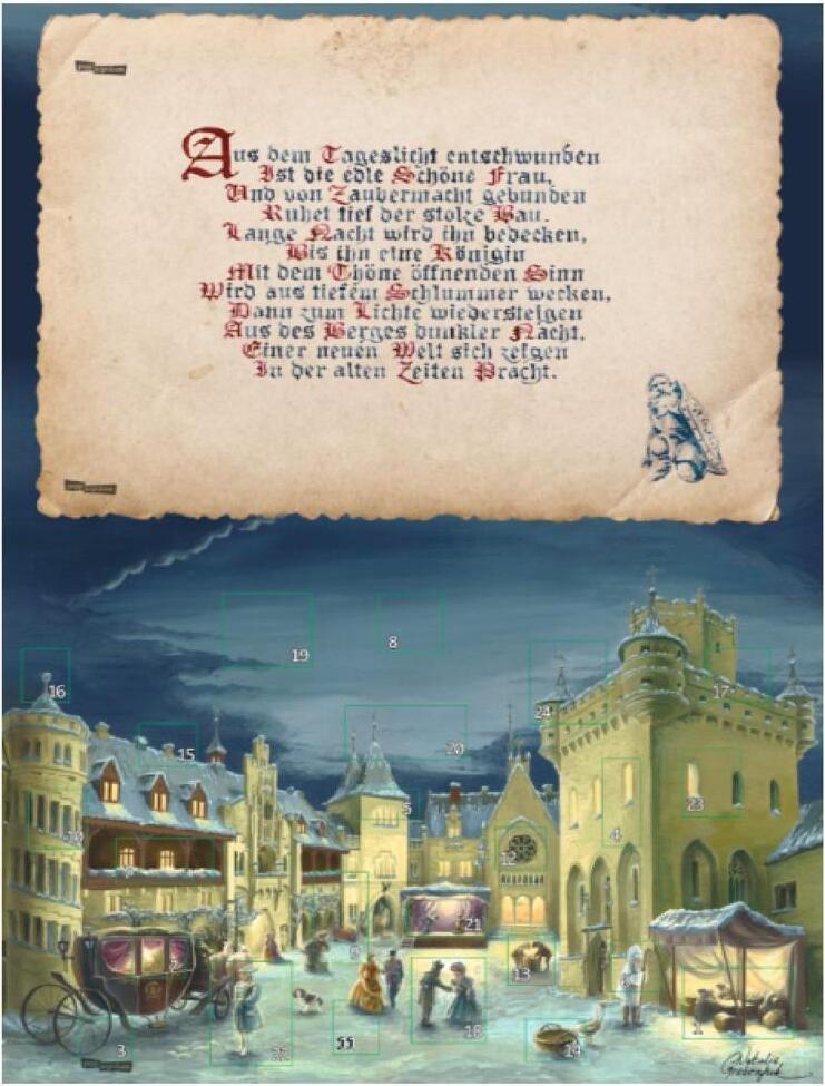 Adventný kalendár z Marienburgu s ilustráciami a scénou z vnútorného dvora