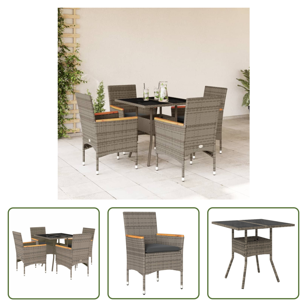 The Living Store 5-dielny záhradný jedálenský set s vankúšmi sivý polyratan a sklo