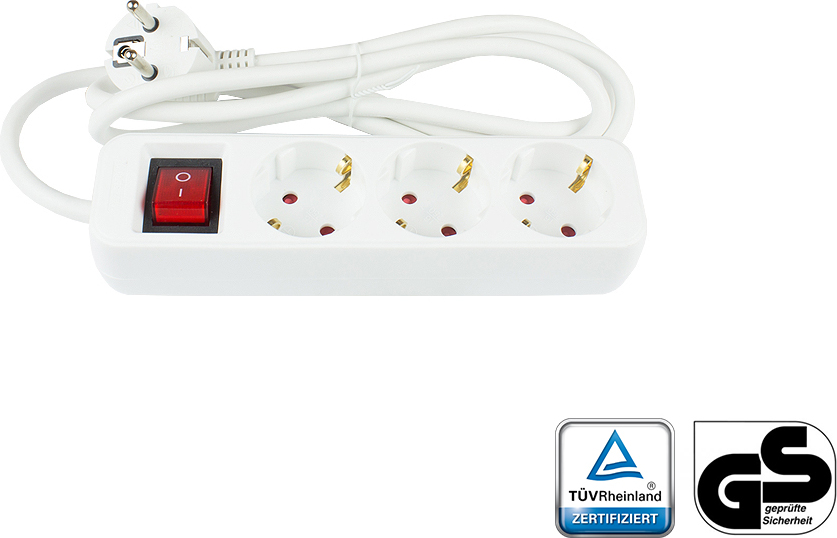 Steckdosenleiste mit Schalter, 3-fach, Schutzkontakt-Stecker an 3x Schutzkontakt-Buchse, Berührungsschutz, weiß, 1,5m, Good Connections® PS013-W015