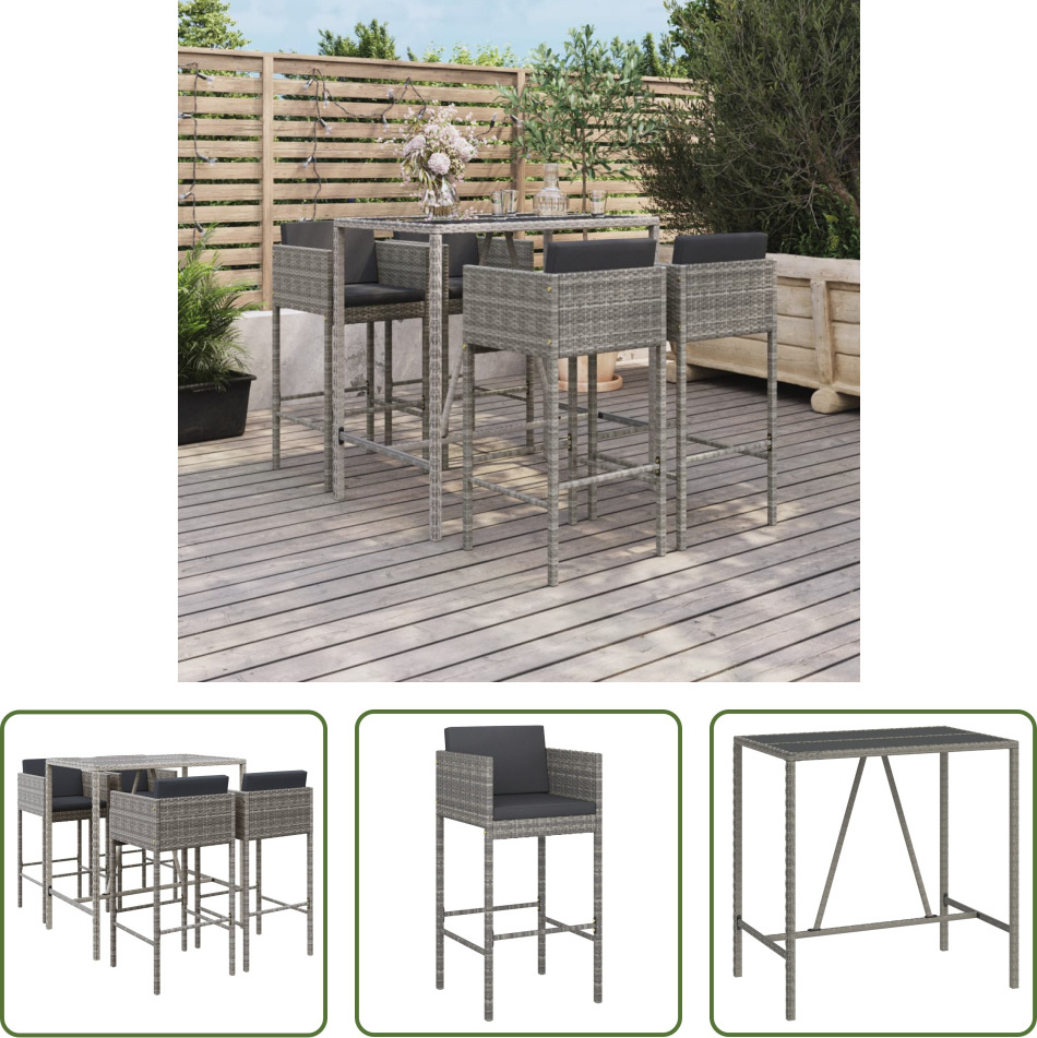 The Living Store 5-dielny záhradný barový set s vankúšmi sivý polyratan