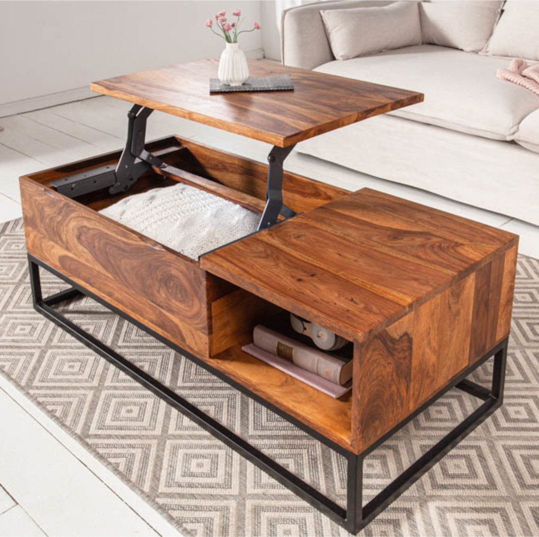 Invicta Interior riess-ambiente Höhenverstellbarer Couchtisch MAKASSAR FUNCTION 110cm Sheesham Massivholz mit Stauraum Metall Beistelltisch Tisch 40299