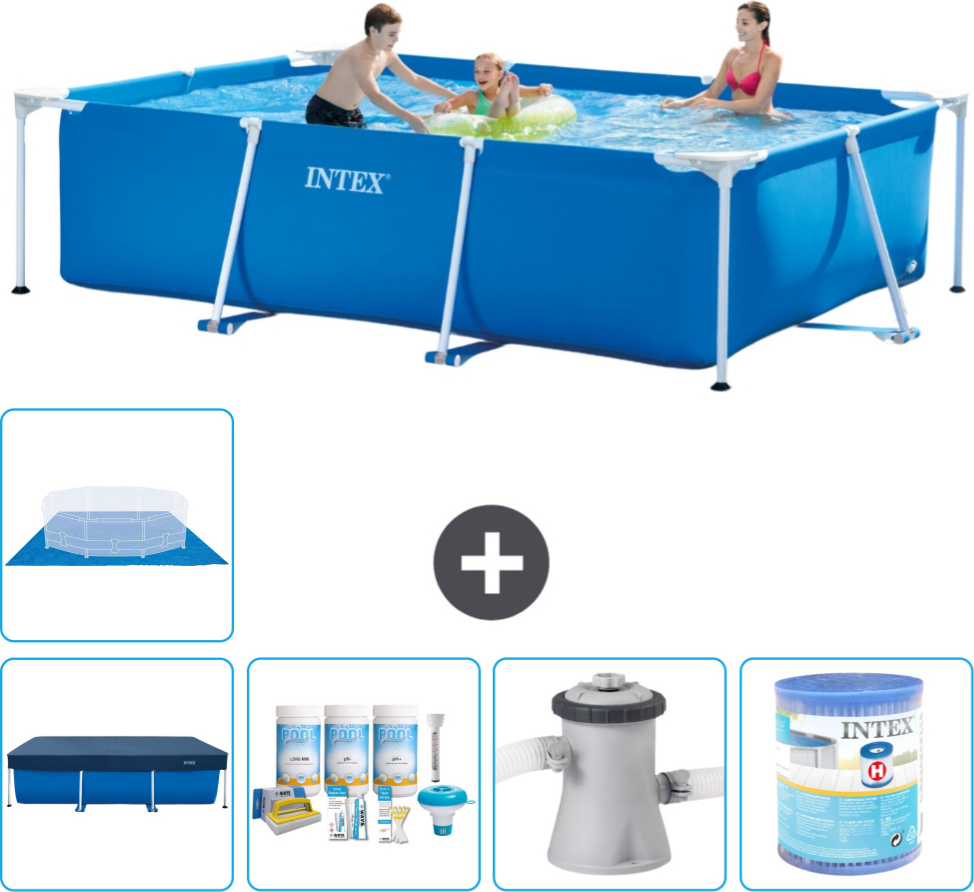 Bazén Intex s obdĺžnikovým rámom - 300 x 200 x 75 cm - Modrý - Súčasťou dodávky je kryt - balík na údržbu - filtračné čerpadlo pre bazén - filter - podlahová plachta