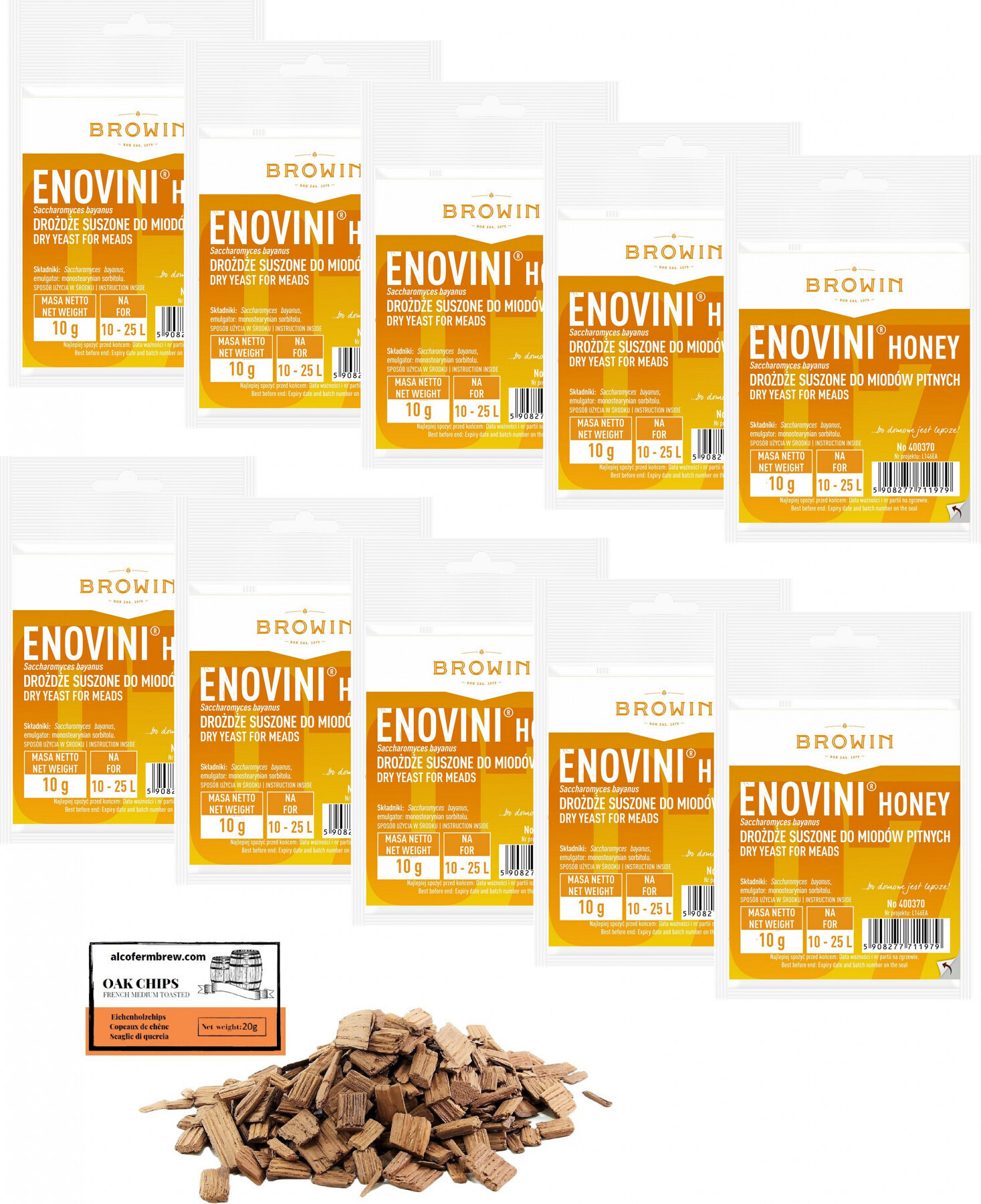 Alcofermbrew 10 x Honigwein Hefe 10g/25L + Eichenholzchips, Trocken Methefe, Weinhefe