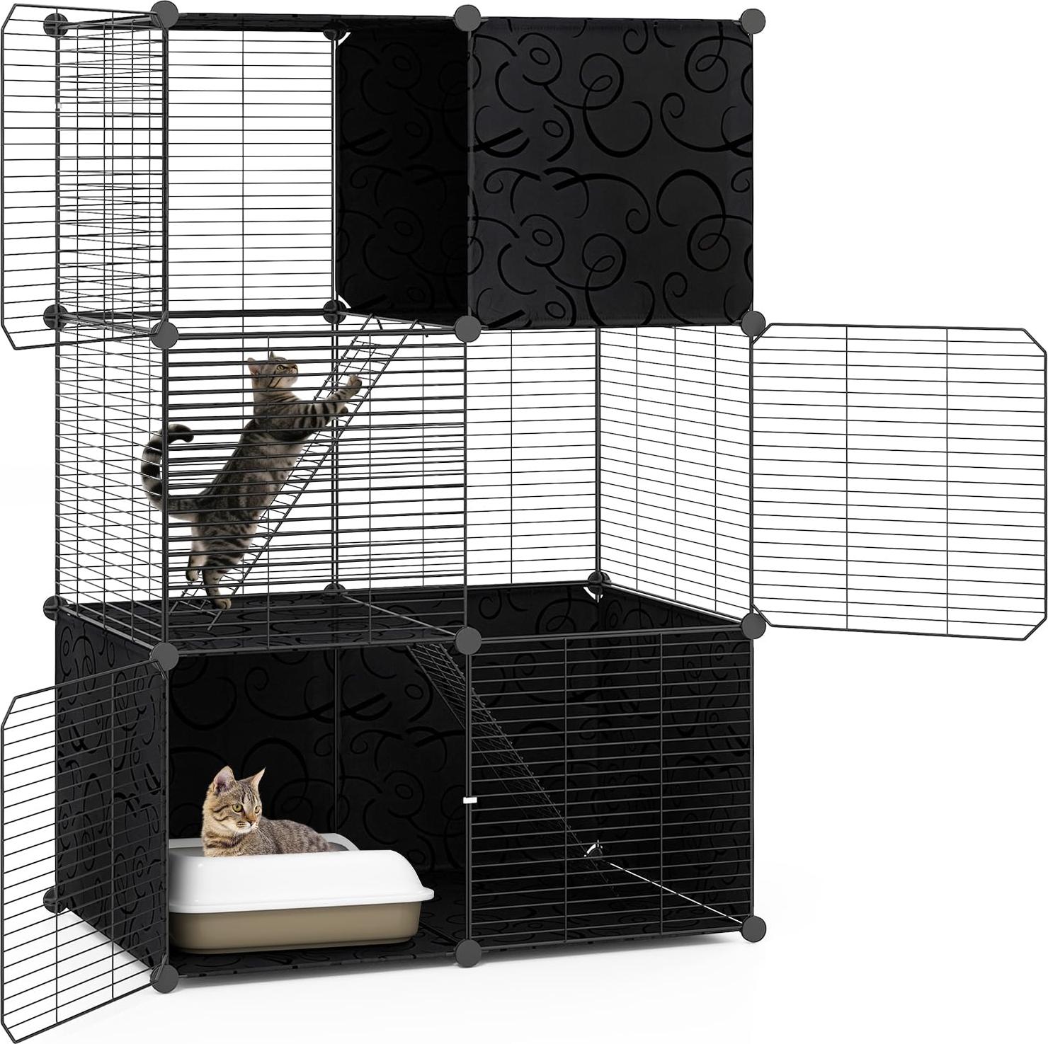GOPLUS 3-stöck. Katzengehege, Katzenkäfig mit 3 Türen & 2 Leitern, Metalldrahtkäfig, Katzenhaus für Tiere wie Frettchen & Kaninchen, 74 x 47 x 110 cm