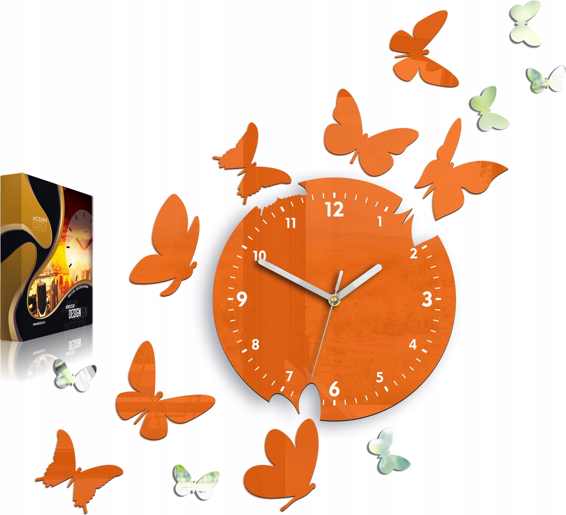 ModernClock, Wanduhr, Schmetterling, Wanduhr 14 Schmetterlinge, Uhr, orange