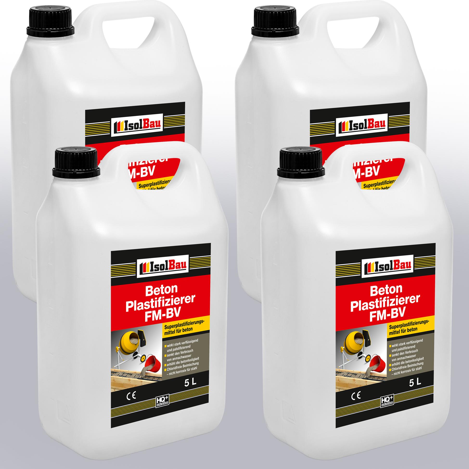Isolbau Beton Plastifizierer FM-BV - 4 x 5 Liter, stark verflüssigend & plastifizierend – Betonverflüssiger Fliessmittel als Zusatzmittel für Estrich, Beton, Mörtel - Chlorfrei, keine Stahlkorrosion