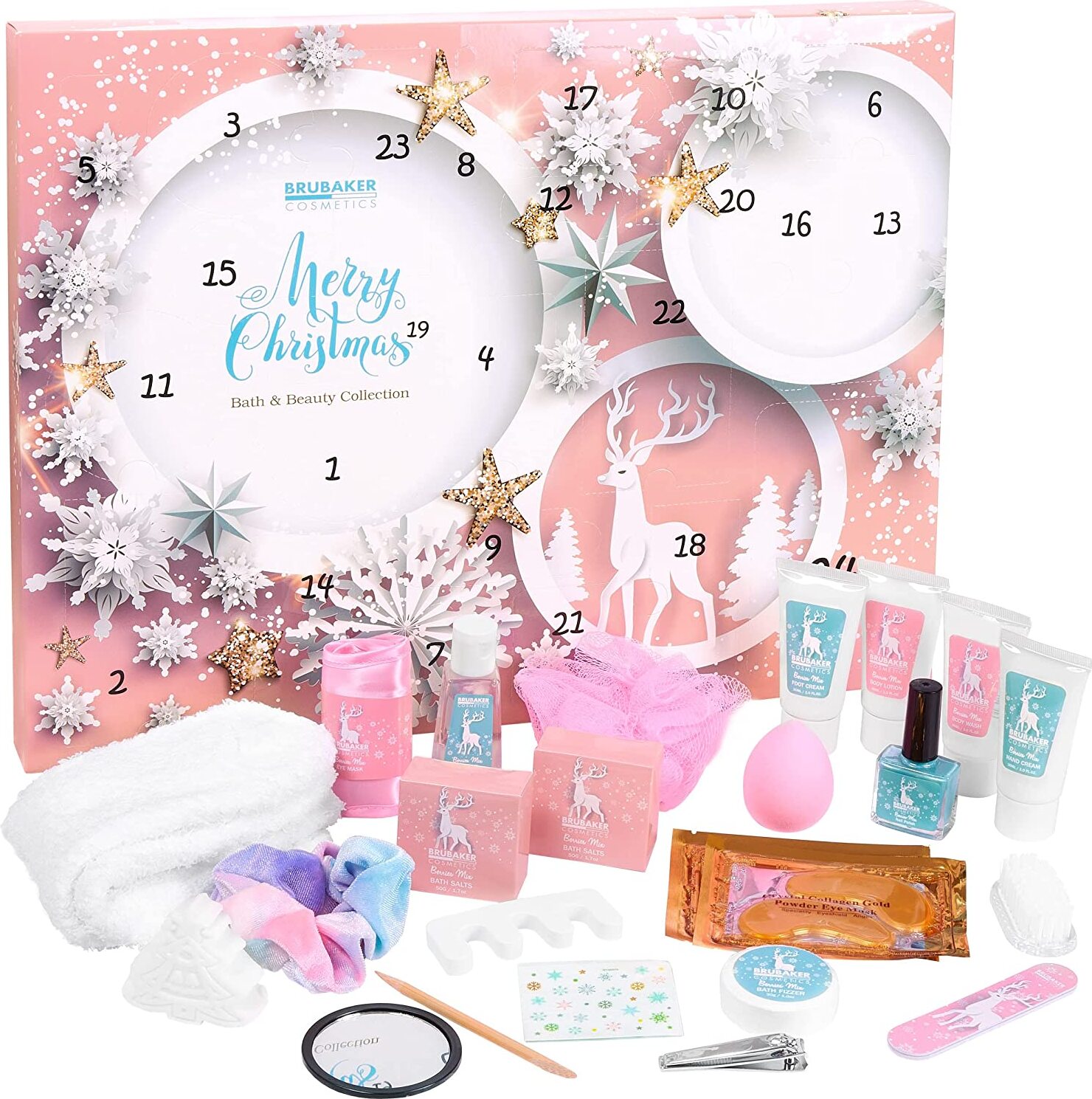 BRUBAKER Cosmetics Beauty Adventný kalendár 24 x produkty starostlivosti o telo a kúpeľné doplnky - XXL wellness vianočný kalendár pre ženy a dievčatá - hviezdy a snehové vločky ružová