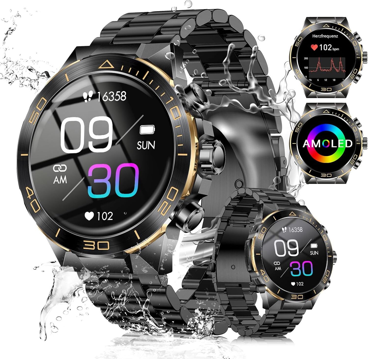 Smartwatch pánske vojenské s kovovým pásom, s 1,43" AMOLED, 100+ športových režimov IP68 vodotesné Smartwatch muži s funkciou telefónu, Android IOS