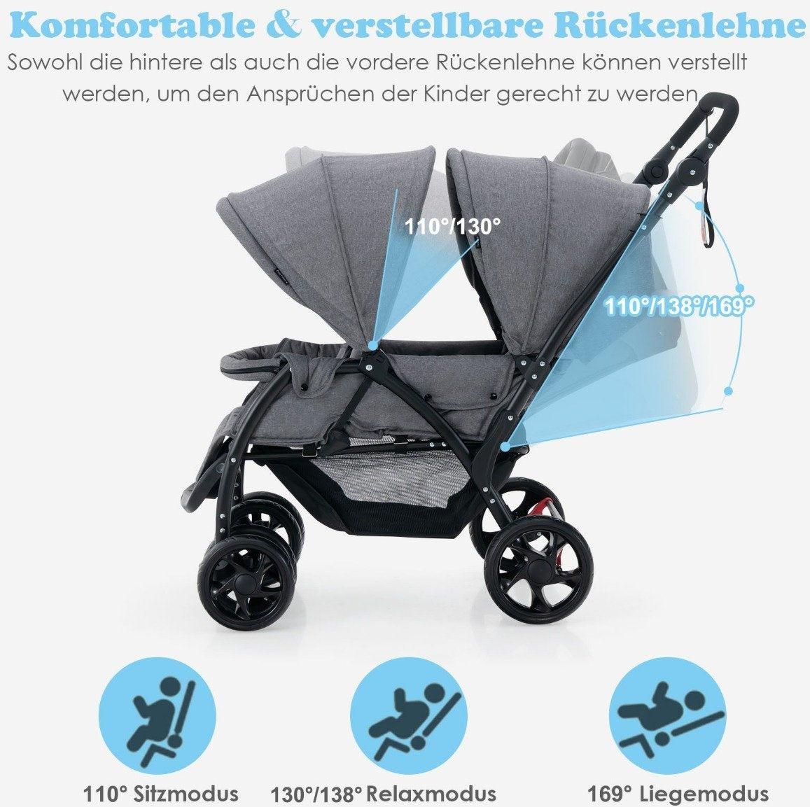 B2X Geschwister Kinderwagen Faltbarer Geschwisterwagen Zwillingswagen Zwillingsbugg Grau