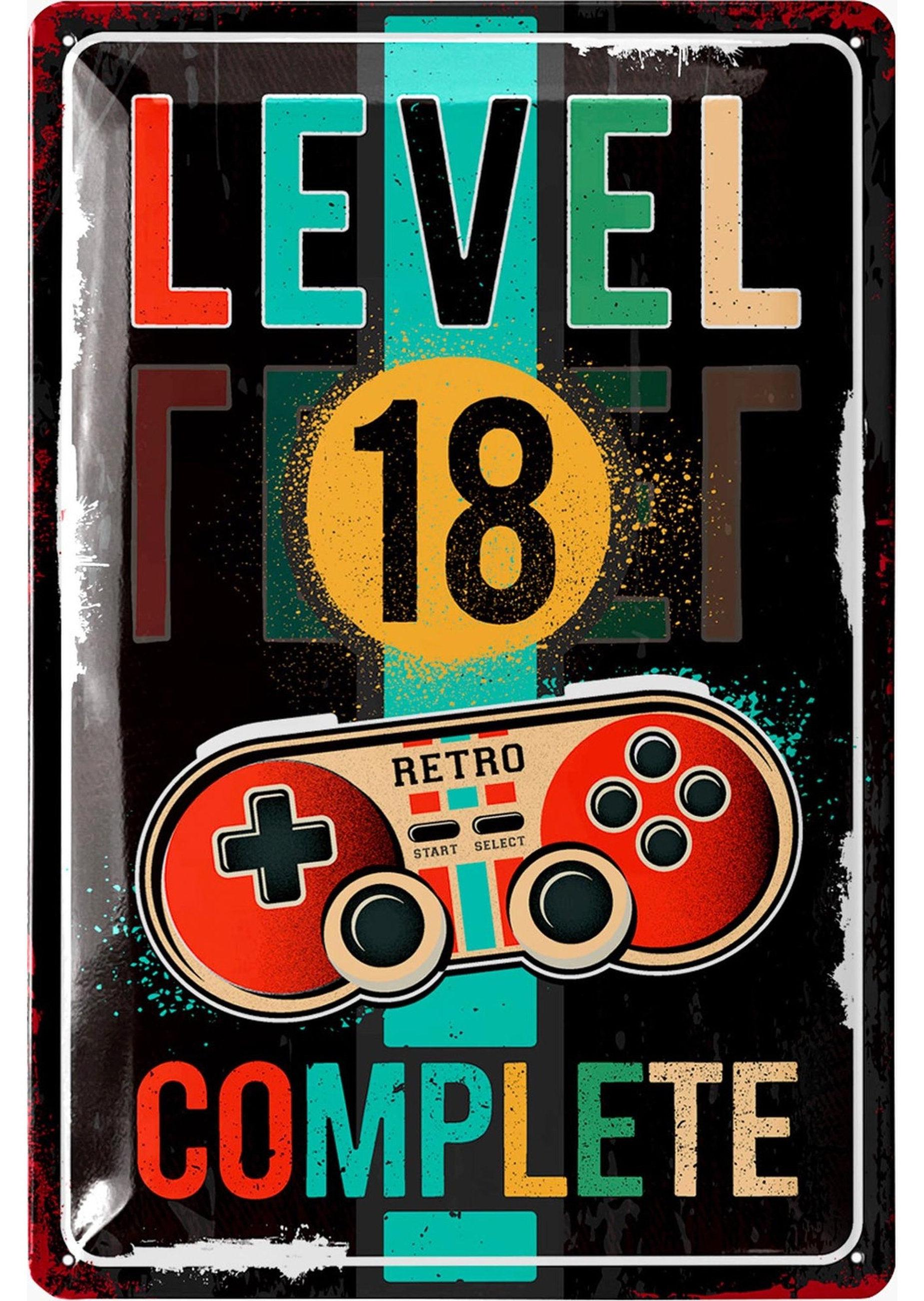 Urban Products Sacha Blechschild 18 Schild Geburtstag - LEVEL 18 COMPLETE - Deko 18 Geburtstag Mann, 18 Geburtstag Deko für Gamer, lustiges Geburtstagsschild 18 20200