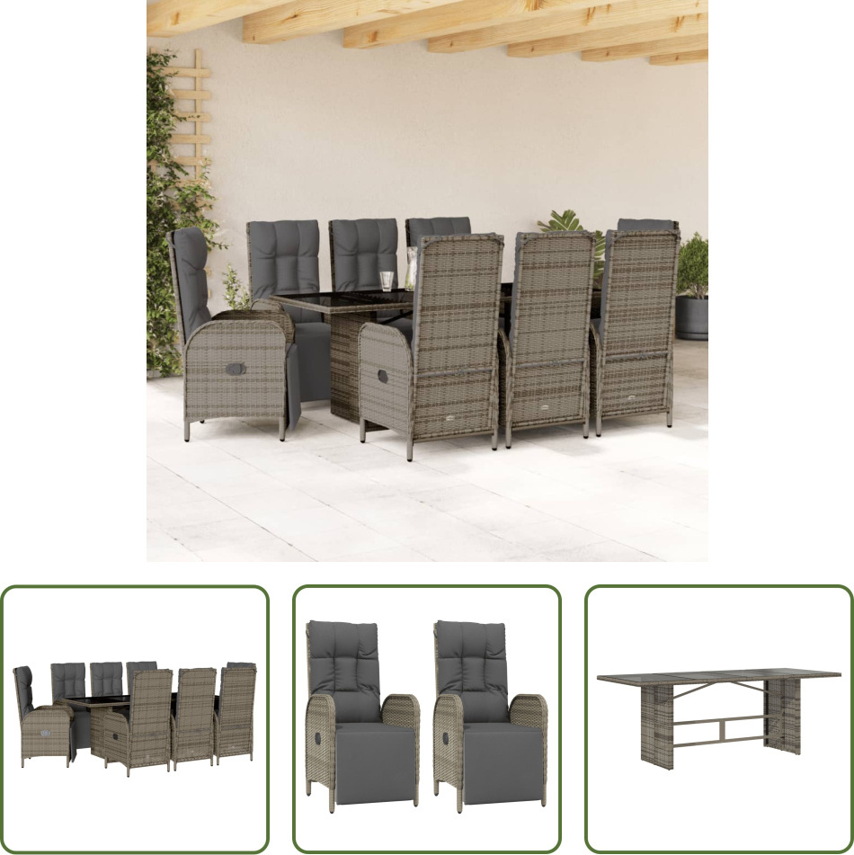 The Living Store 9-dielny záhradný jedálenský set s vankúšmi sivý polyratan