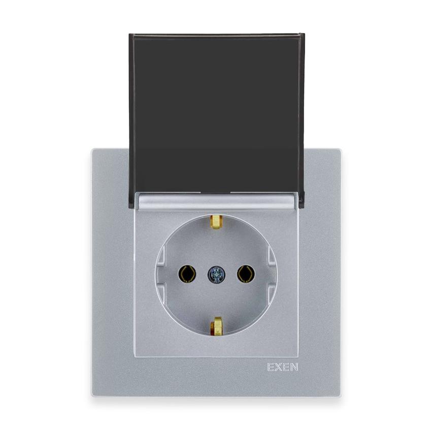 Einzelsteckdose Schuko Silberner Griff Rauchfarben + Silberner Rahmen EXEN