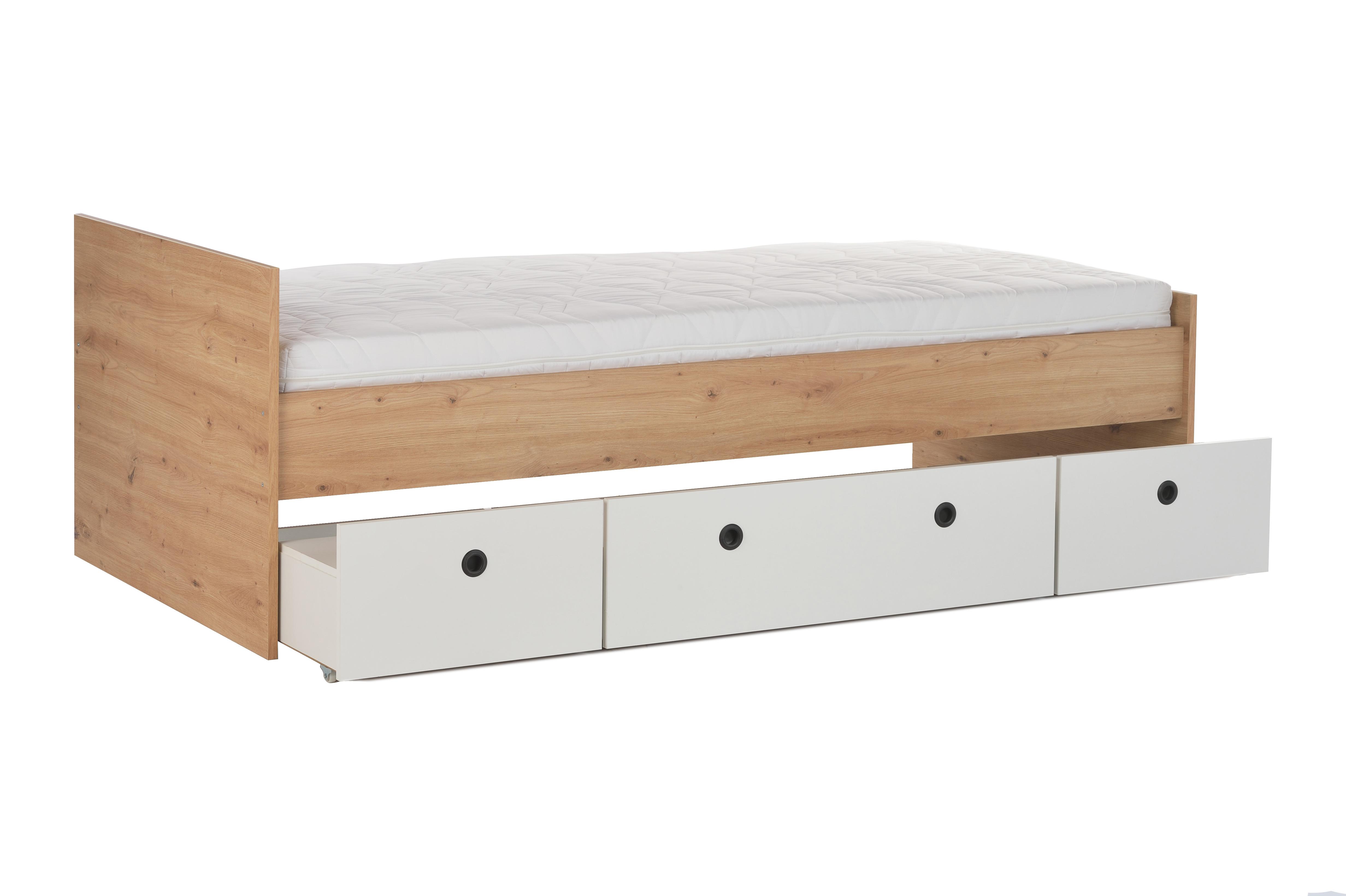 Arthur Berndt Möbelfabrik Einzelbett 90 x 200 cm arthur berndt Bente mit Rollkästen, Bettrahmen, Weiß / Artisan Oak BENTE90AOW