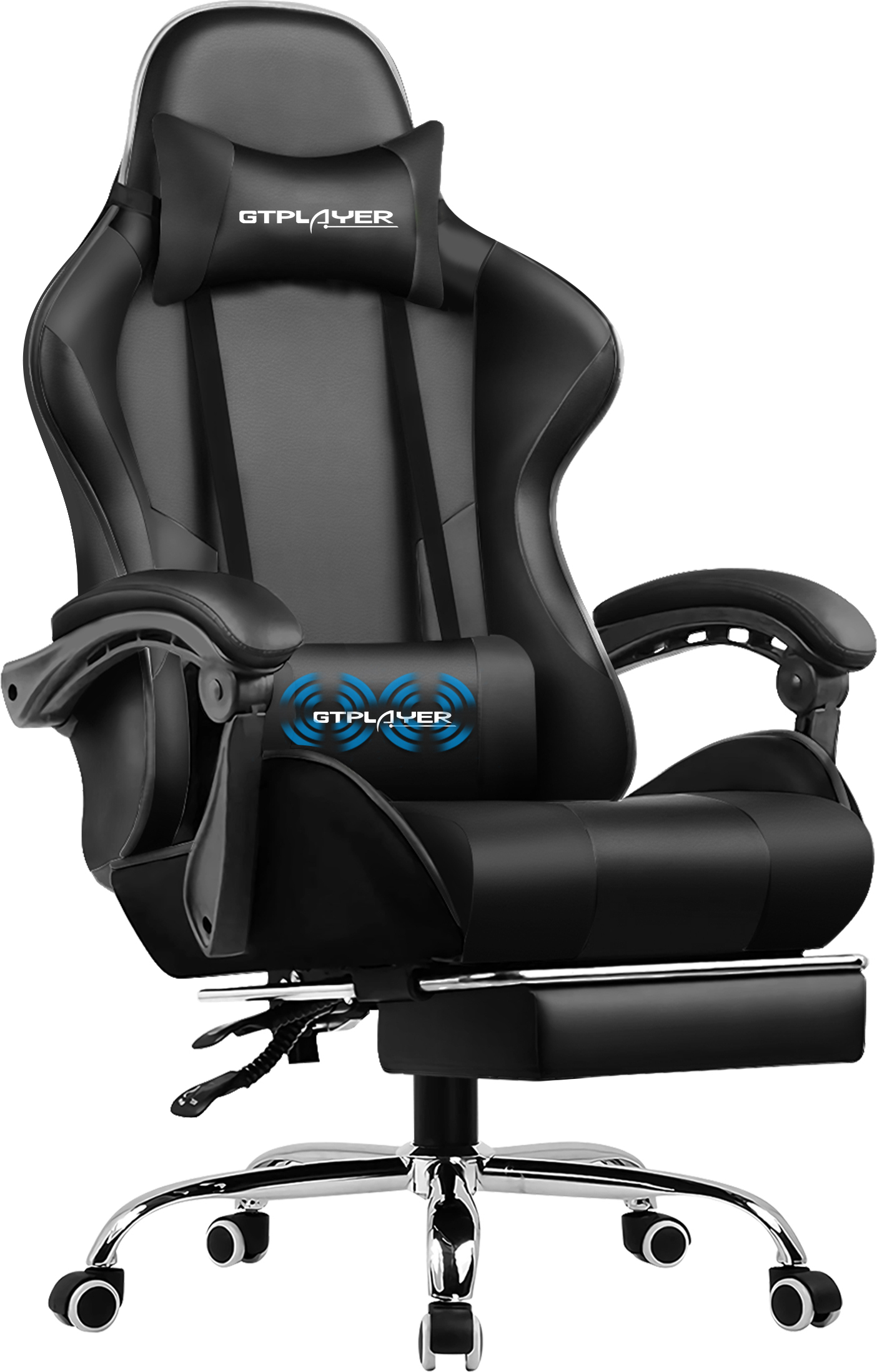 GTPLAYER Herné kreslo s opierkou na nohy a masážnym bedrovým vankúšom Kancelárske kreslo pre hráčov Ergonomické hráčske kreslo s pripojiteľnými podrúčkami s nosnosťou do 150 kg čierne