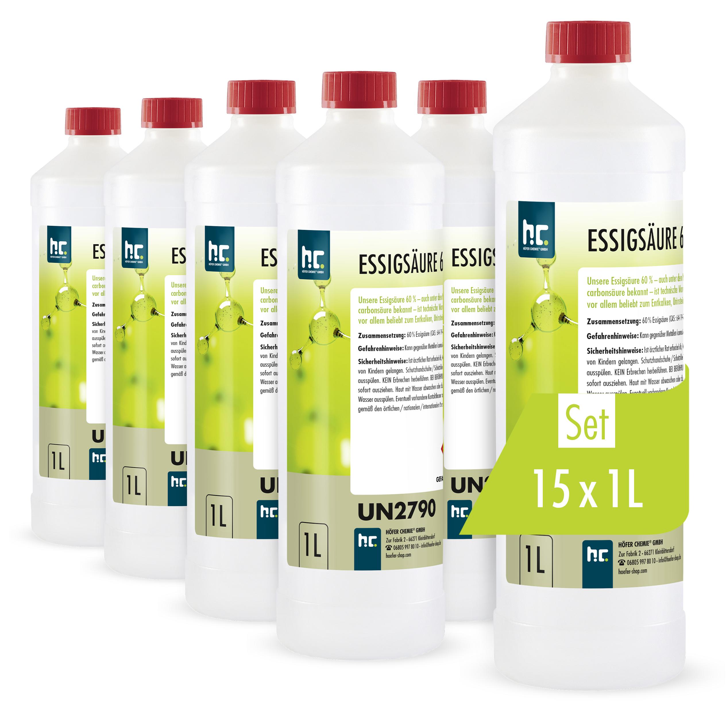 15x1 L Höfer Chemie® hochprozentige Essigsäure 60% zur Entkalkung und Reinigung von Haushaltswaren, in Flaschen