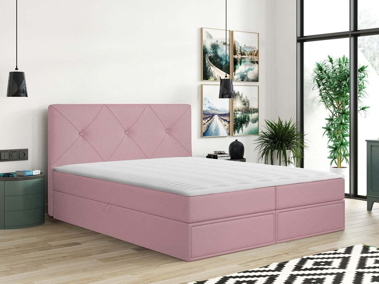 Kontinentálna manželská posteľ 180x200 LEYA - ružová + topper ZDARMA