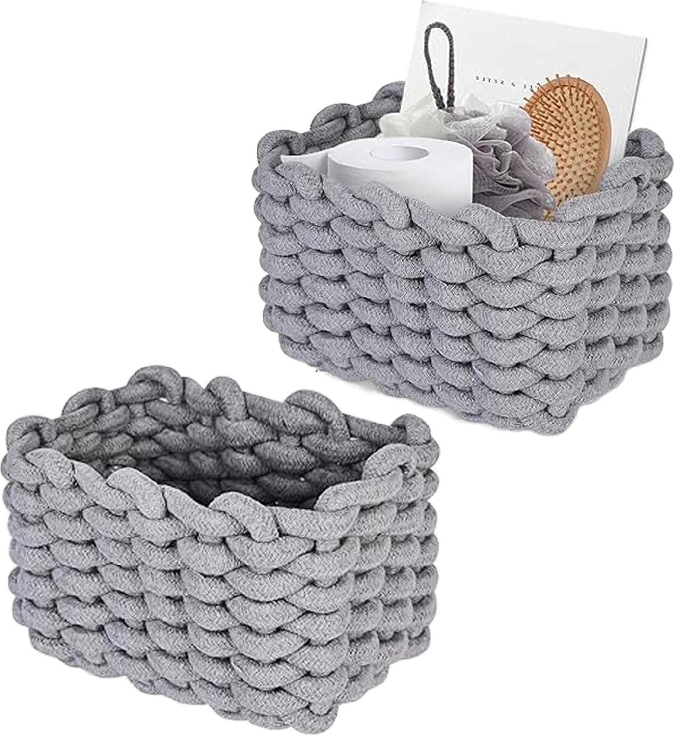 Markenlos Allecto Premium - Set von 2 Aufbewahrungskörben aus geflochtenem Baumwollseil - Grau - Wickeltisch-Organizer - Make-up und Hautpflegeprodukte