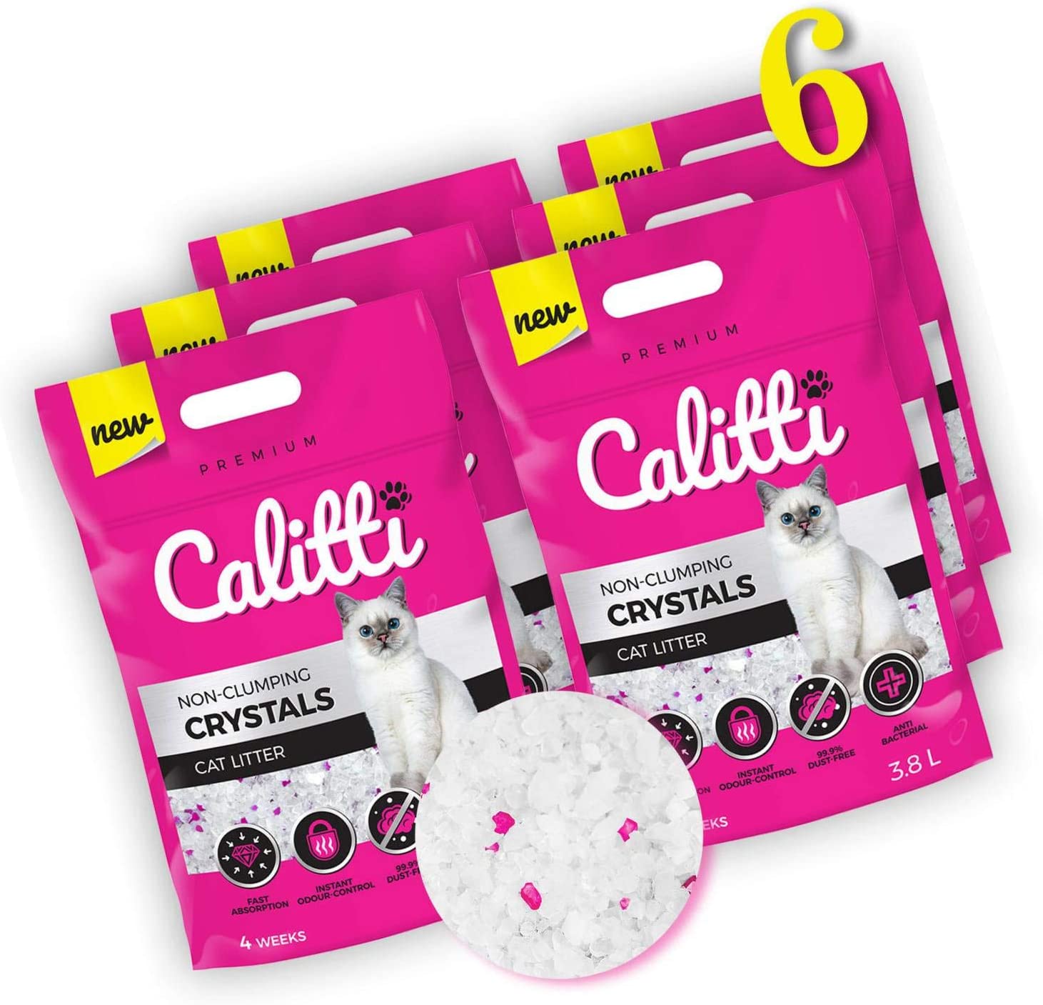 Silikat Katzenstreu 4-er Set 4 x 3,8 L = 15 L Antibakteriell Katzensand Premium Crystals Silikatstreu Calitti 