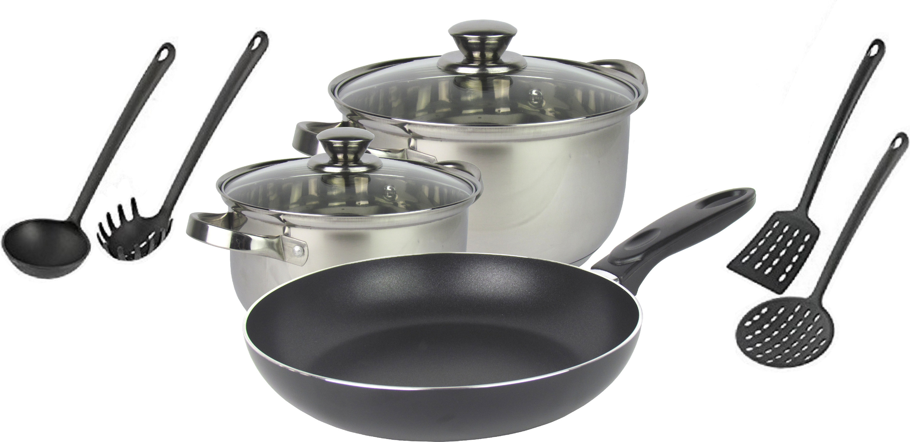 13-teiliges Basic Kochset – 6 Töpfe (16,20,24 Cm), 3 Pfannen (20,24,28 Cm) + 4 Küchenhelfer – Edelstahl & Alu, Für Gas, Elektro, Glaskeramik (ohne Induktion) Topfset Mit Glasdeckel