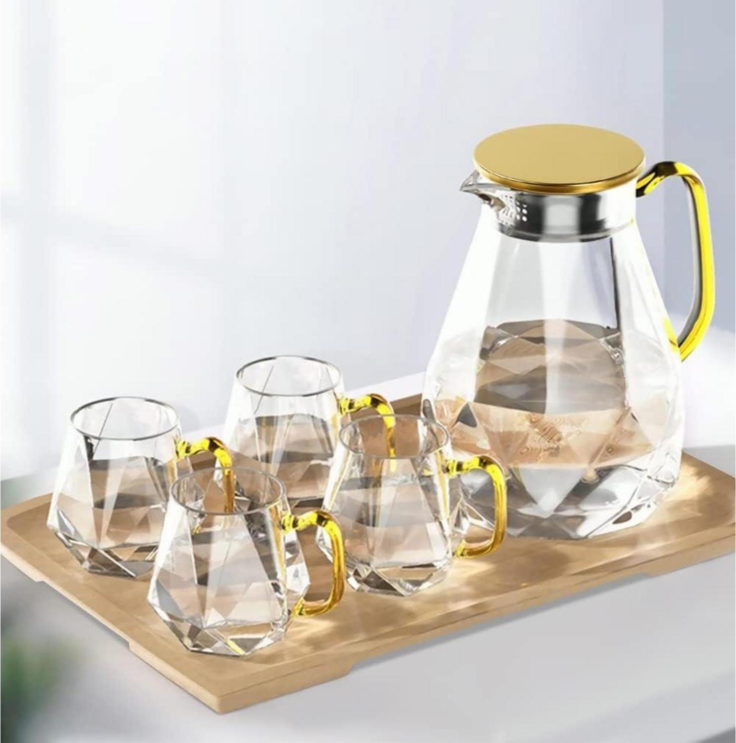 Sonstige DUJUST Glaskaraffe 2 Liter Schwarz Diamant Design - Wasserkaraffe mit 4 Tassen/Eistee/Milch/Kaffee