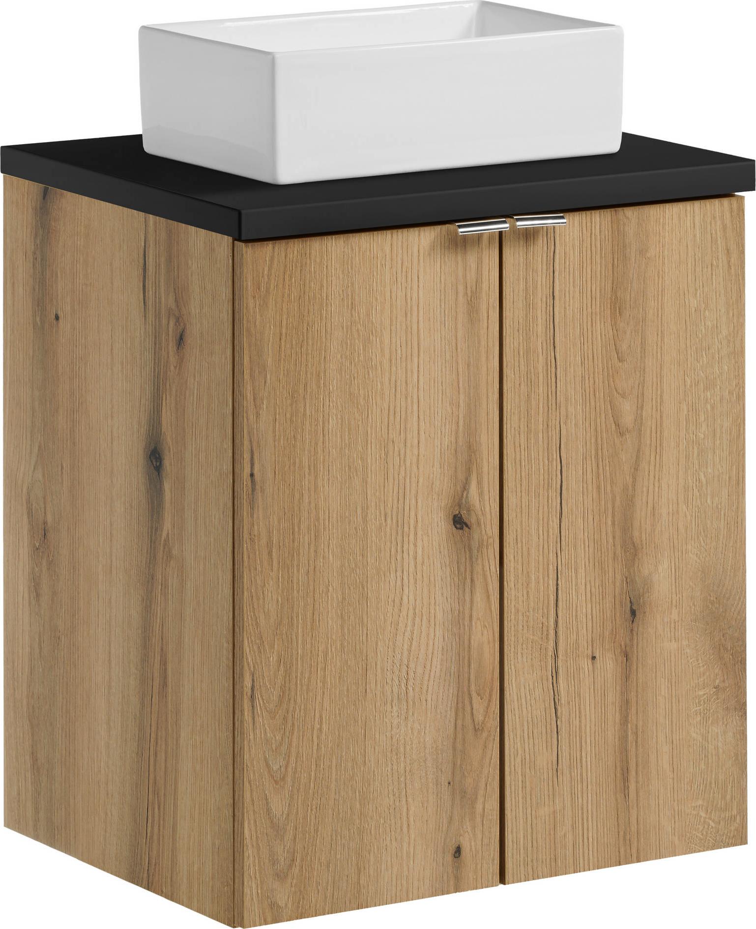 Badezimmerschrank 50 Cm Mit Sockelwaschbecken Und Schwarzer Platte