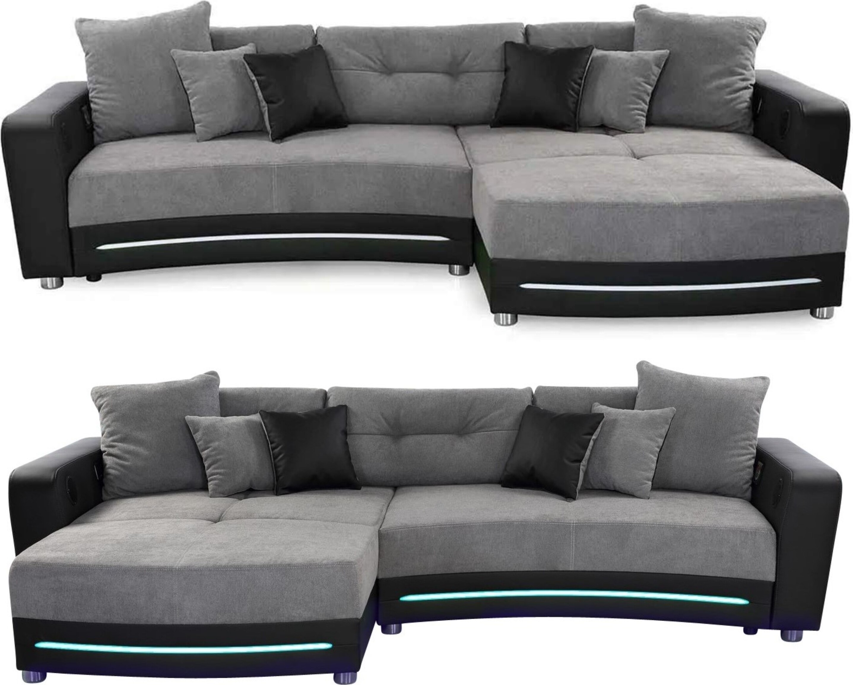 Multimedia-Ecksofa Couch mit RGB-LED Bluetooth Soundsystem USB in Grau / Schwarz / 15411