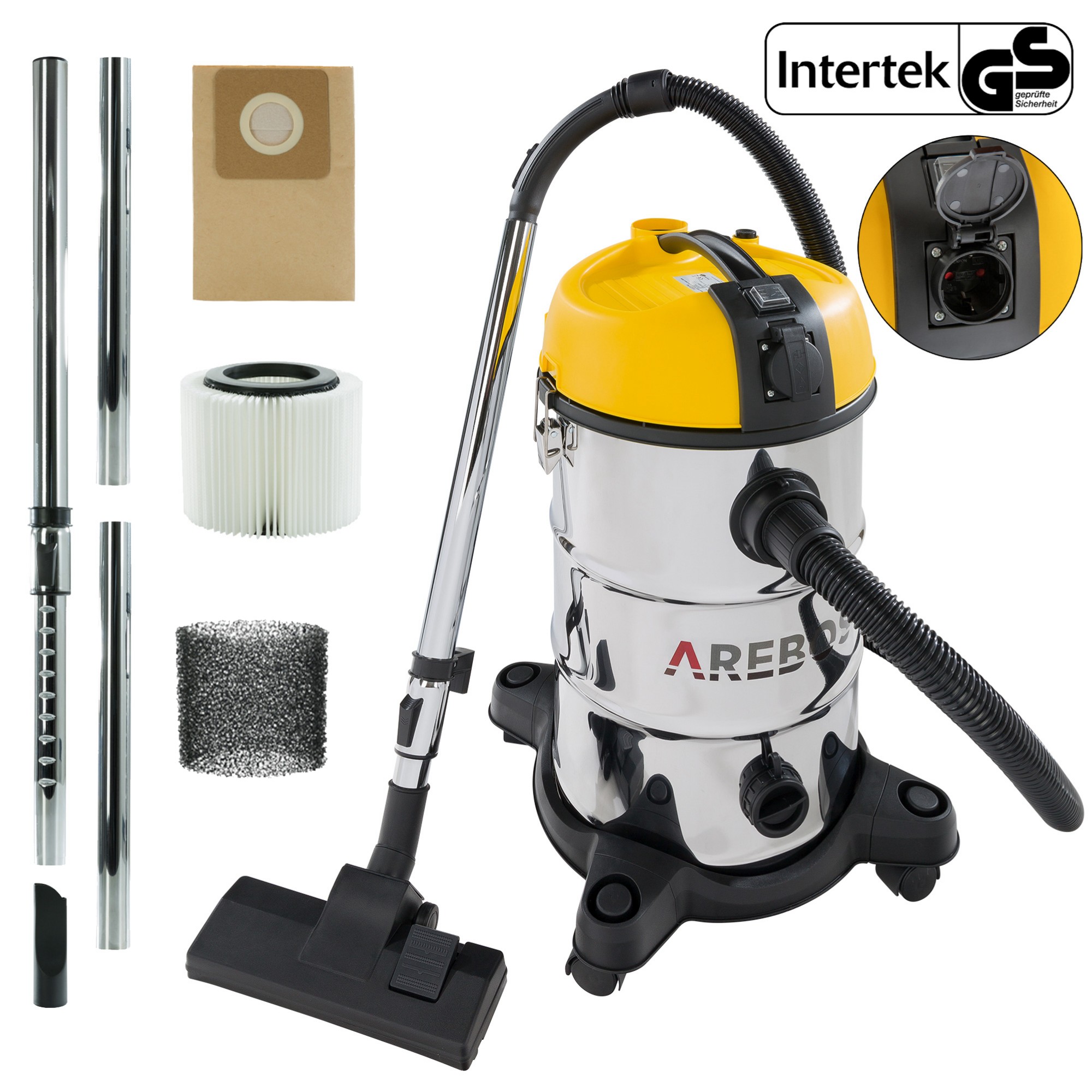AREBOS priemyselný vysávač 5IN1, vysávač, podlahový vysávač, mokrý, suchý, 1300 W, 30 l, žltý