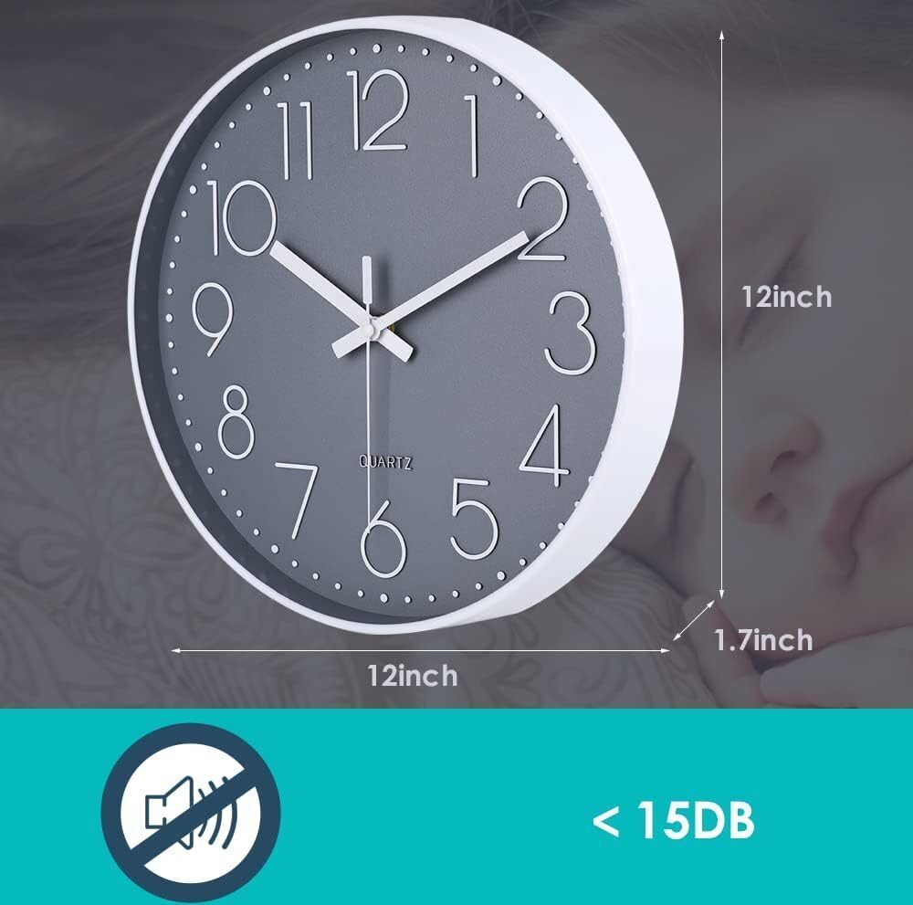 DTC GmbH Wanduhr Quartz Wanduhren rund Hängeuhrlautlosohne Tickgeräusche30 cm CT0896-Grau