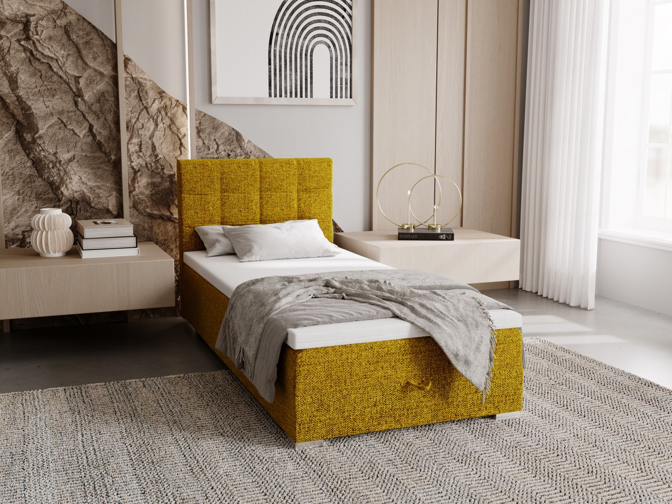 Čalúnená posteľ 90x200 ELSIE 2 s úložným priestorom - horčicová, ľavé prevedenie