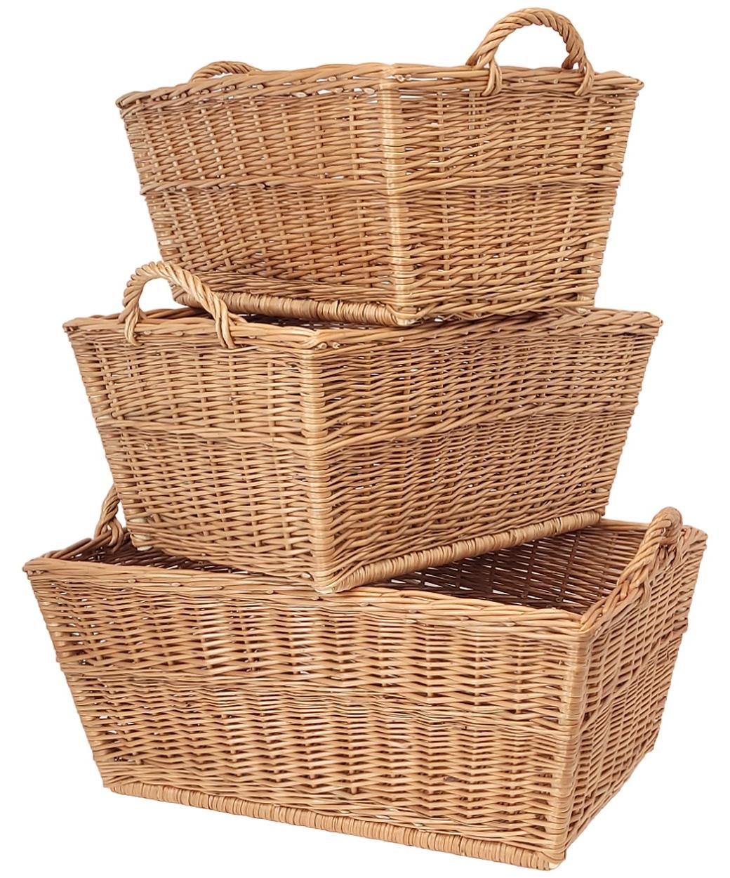L37 Set aus 3 rechteckigen Weidenkörben 54,62,70 cm, Set aus drei großen Weidenkörben