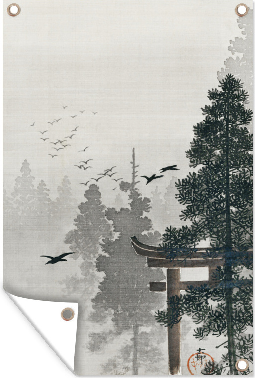 MuchoWow® 80x120 cm Outdoor-Poster Gartendeko Sichtschutz Garten Poster für den Garten Vogelschwarm und Torii-Tor im Kiefernwald - Gemälde von Ohara Koson 133|201263362