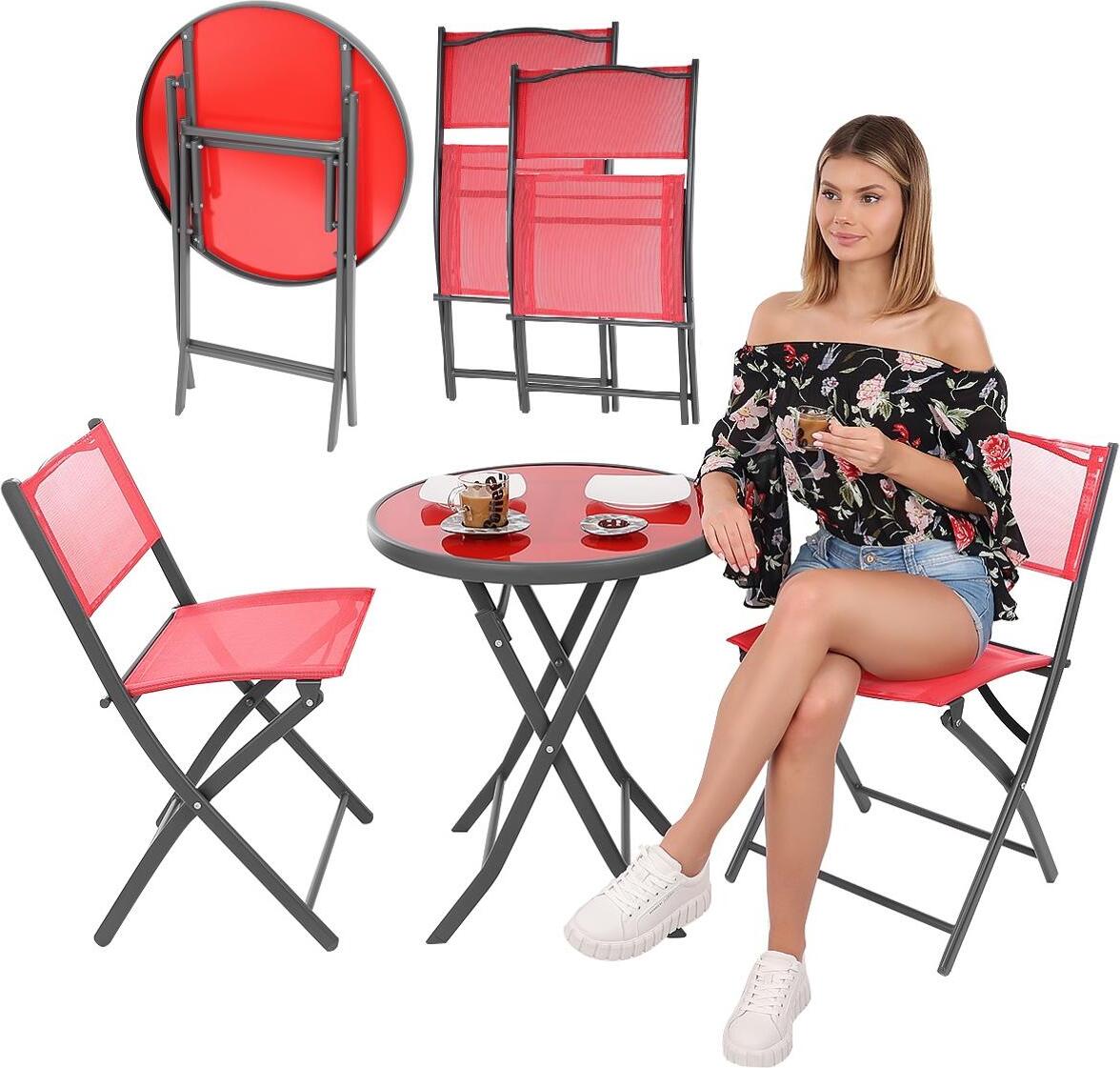 Súprava balkónového nábytku okrúhly stôl a 2 skladacie stoličky červená