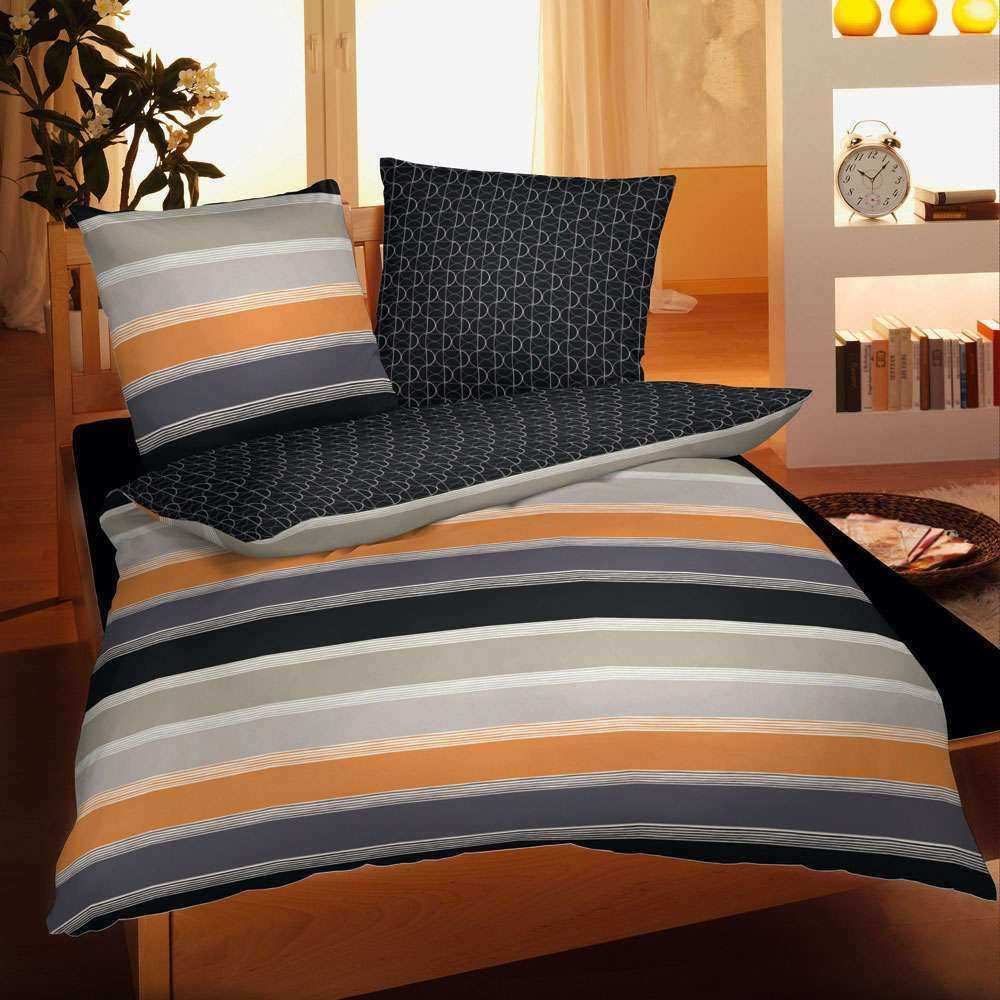 Hausmarke Magita Satin Bettwäsche Beige Orange Streifen 155x220 cm + 80x80 cm 243004-087