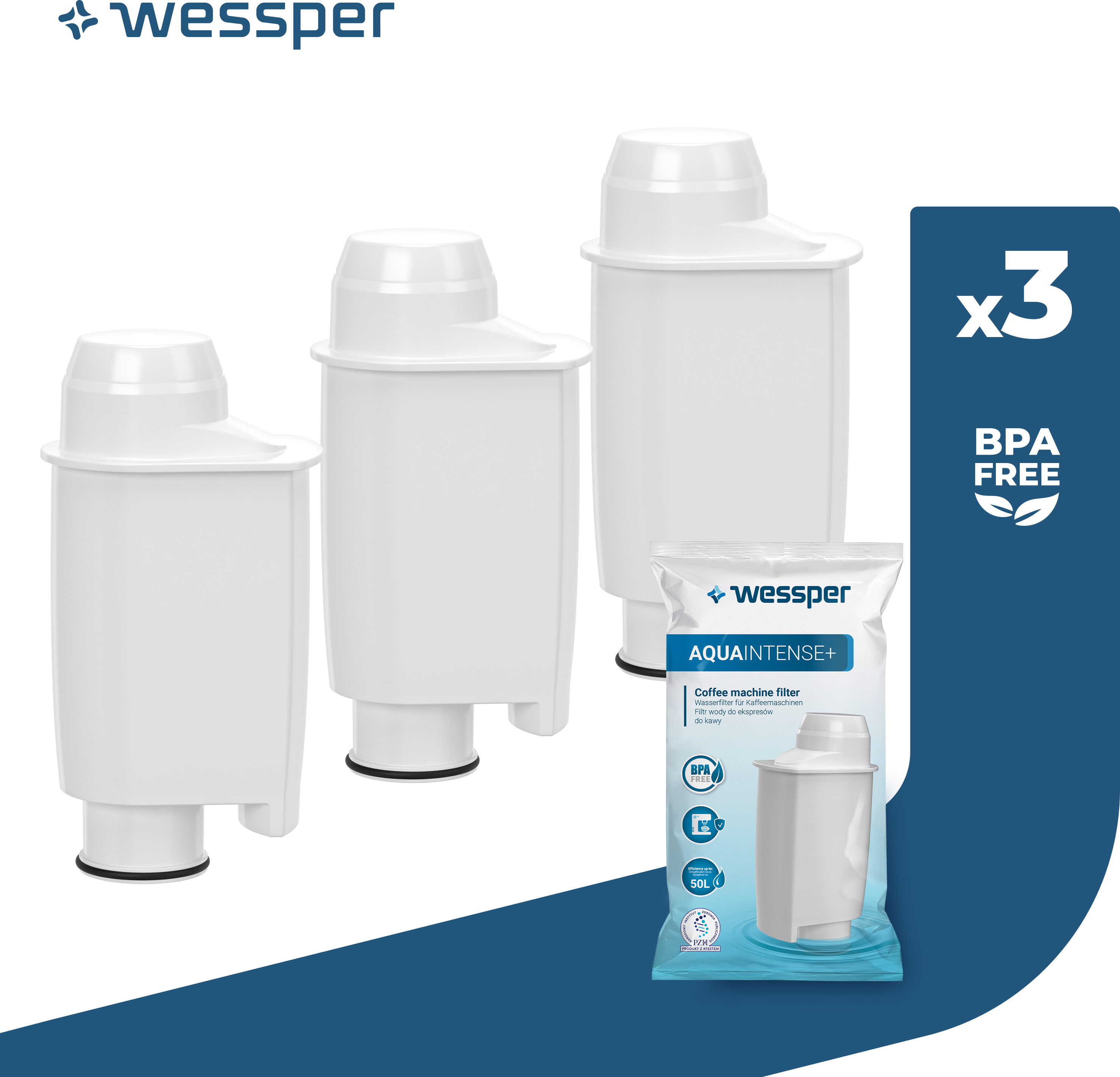 Wessper AquaIntense+ Wasserfilter 3er Set – Ersatz für Brita Intenza+ CA6702/00, kompatibel mit Saeco / Philips Espressovollautomaten 3X_FW_11
