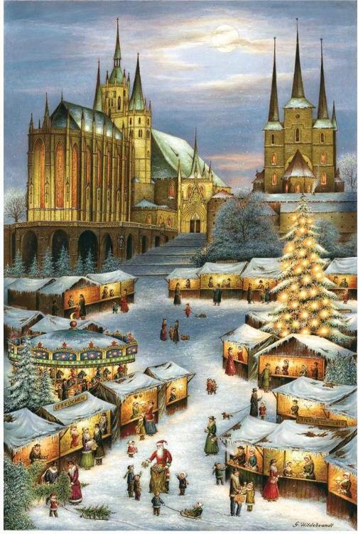 Adventný kalendár z Erfurtu s motívom katedrály a vianočných trhov