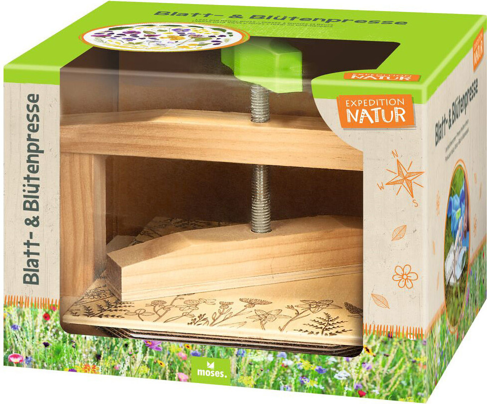 Presse à Fleurs Moses – En Bois – 22x15,5x20 Cm – Avec Poignée Rotative – Pour 5 Fleurs/feuilles – Boîte Cadeau – Dès 3 Ans