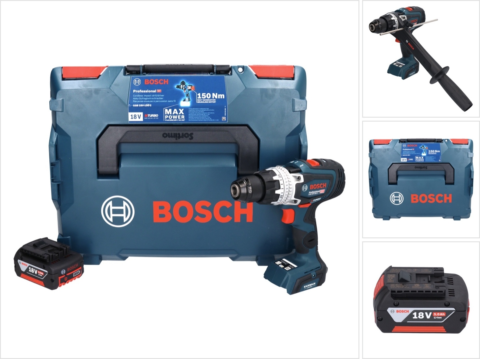 Bosch GSB 18V-150 C Profesionálna akumulátorová príklepová vŕtačka 18 V 150 Nm Biturbo Brushless + 1x akumulátor 5,0 Ah + L-Boxx - bez nabíjačky