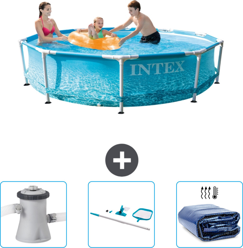 Bazén Intex s okrúhlym rámom - 305 x 76 cm - tlak vody - filtračné čerpadlo pre bazén v cene - čistiaca súprava - slnečná markíza