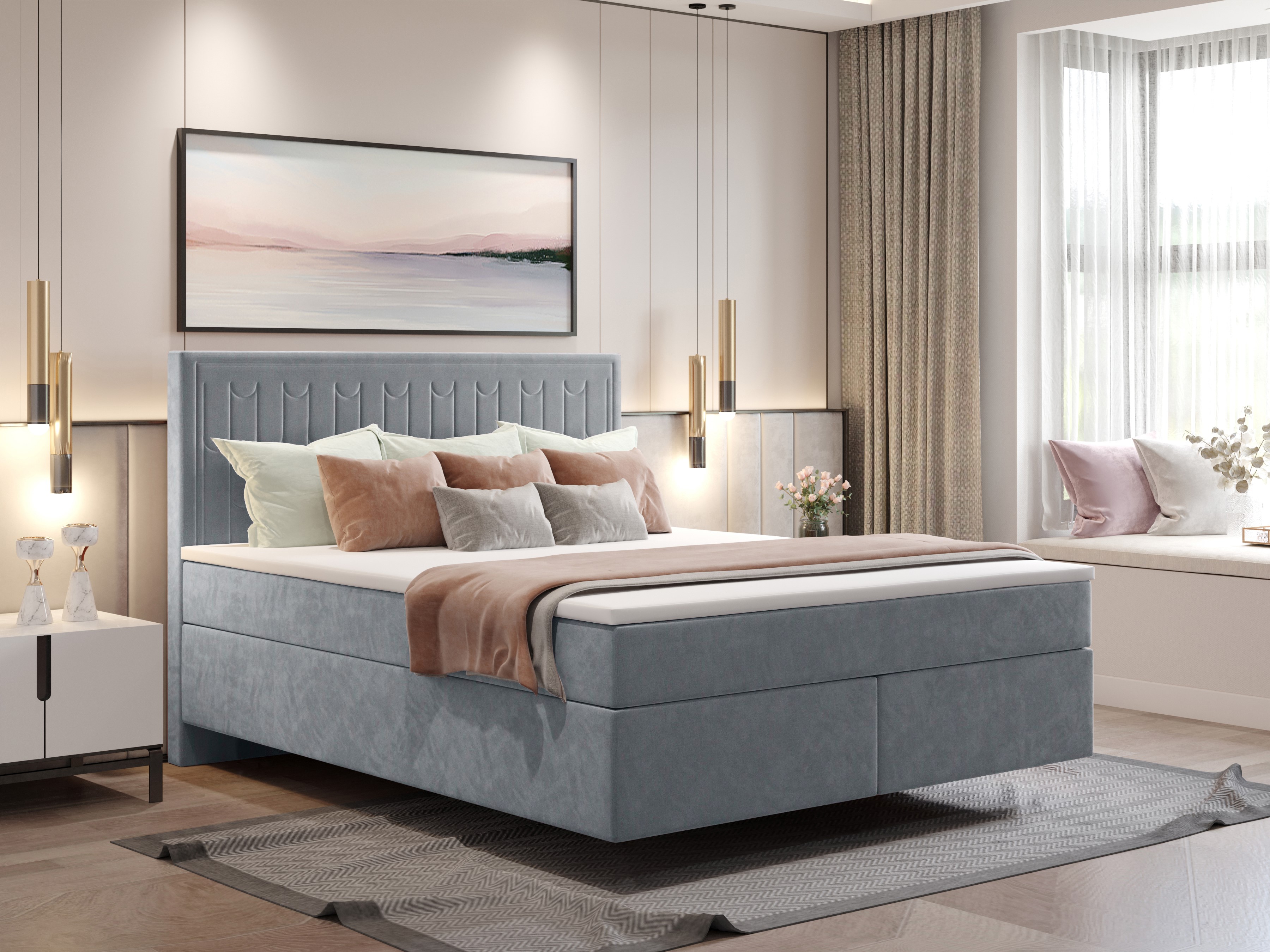 Box spring posteľ s dvoma matracmi a topperom SEVI V fabric Monolith Silver 180 cm x 200 cm