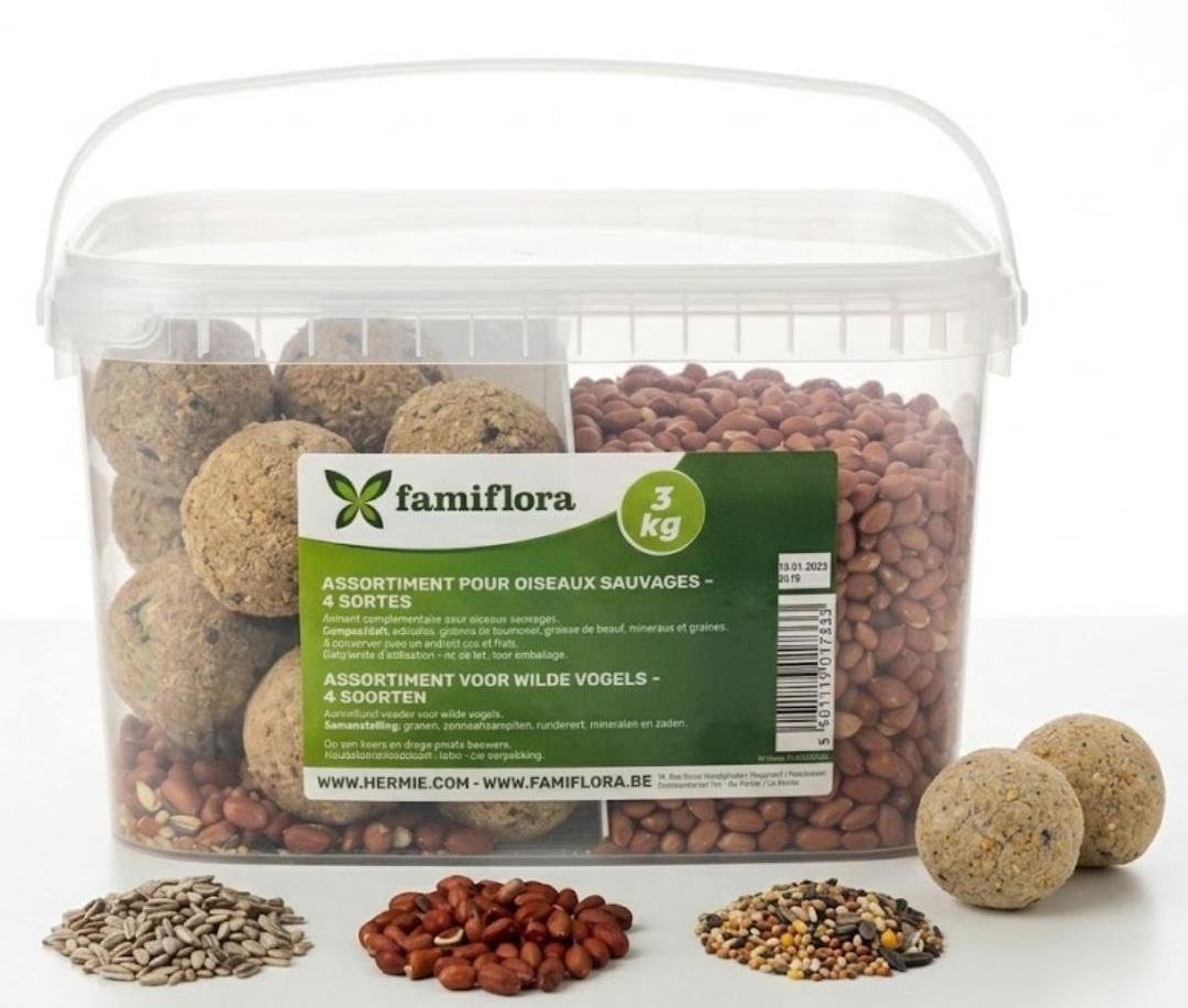 Famiflora Sortiment für Wildvögel - 3KG - 4 Futtersorten - Mischpackung - Große 3KG Vorteilspackung - 4 verschiedene Futtersorten - Sofort servierfertig