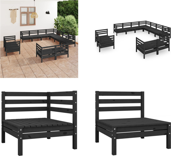 vidaXL 11-dielna záhradná obývacia súprava z masívneho dreva borovice čierna - záhradná obývacia súprava - vonkajšia obývacia súprava - drevená pohovka - drevená záhradná pohovka