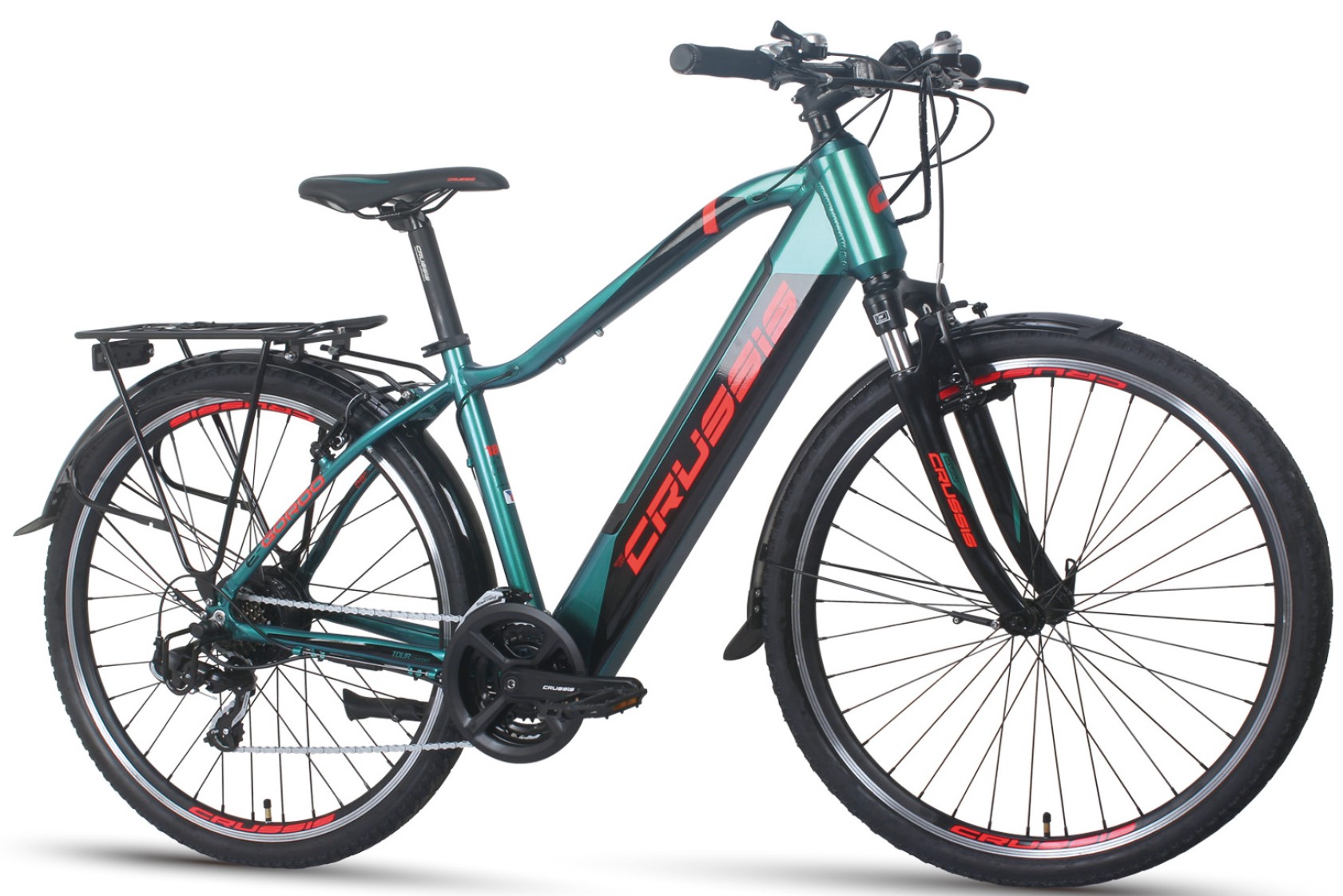 28 palcový trekingový elektrobicykel model e-Gordo 1.8-S 2023 Pedelec CRUSSIS 17,5Ah 630Wh výška rámu 18" (45,7 cm) zelená/červená