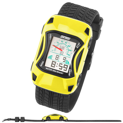 Taffstyle Kinder Armbanduhr Bunte Silikon Kinder Auto Armbanduhr Digital Quartz Alarm,Stoppuhr, Gelb