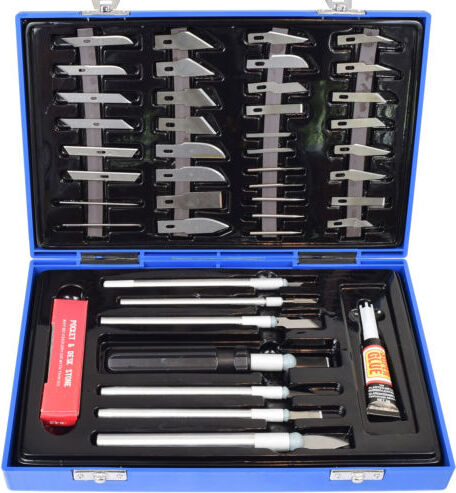 Agora-Tec® Airbrush 51 tlg. Schablonenmesser, Modelliermesser, Bastelmesser, Cuttermesser, Cutter, Skalpell Set für Modellbau, Schablonen-, Papier- und Bastelarbeiten AT 012 002 044