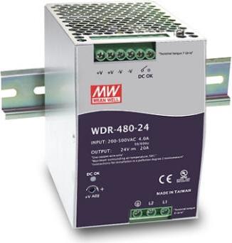 MEAN WELL WDR-480-24, 480 W, 180 - 550 V, 47 - 63 Hz, 1.6 - 4 A, Aktívny, 18 ms