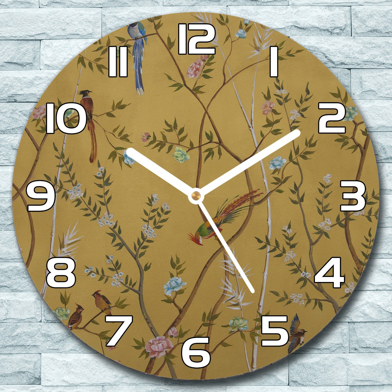 coloray Wanduhr aus Glas Rund fi 30 Vögel Gold Herbst Quarz Deko Schlafzimmer Büro zso-white-f30-Retroll-79