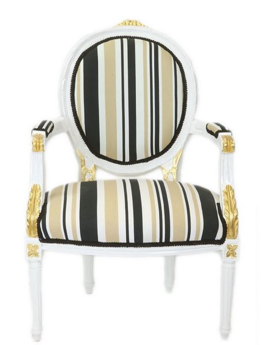 Casa Padrino Barock Salon Stuhl Weiß / Gold / Mehrfarbig 50 x 50 x H. 105 cm - Gestreifter Barock Stuhl mit Armlehnen - Barock Möbel