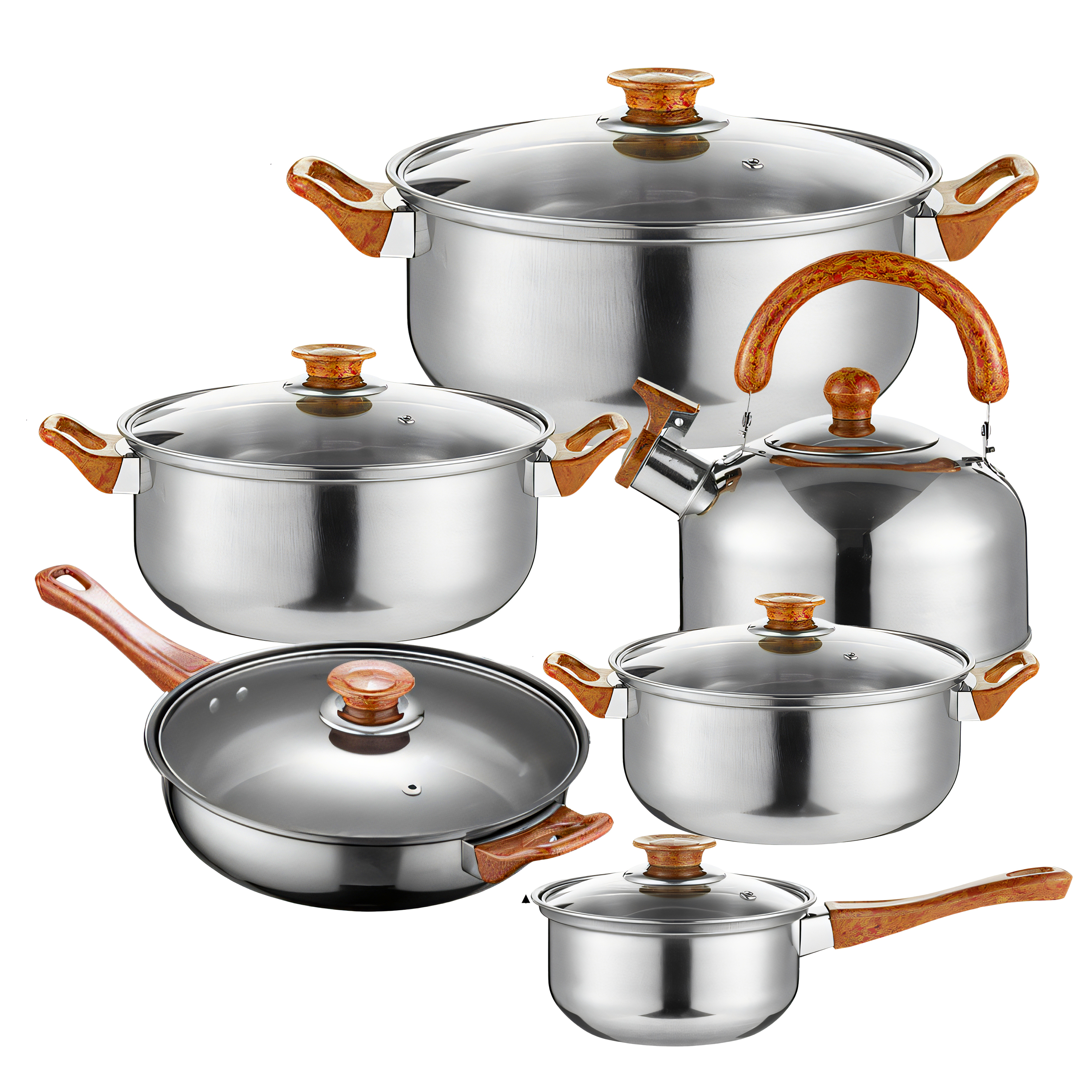 Topfset, Pfannenset mi Flötenkessel, 12-teilig | Kochtopfset | Kochtöpfe | Töpfe mit Glasdeckel | Silber, Edelstahl | Retoo OR202