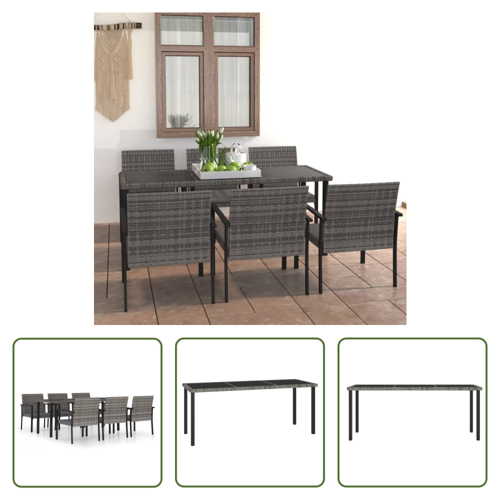 The Living Store 7 ks. Záhradný jedálenský set Poly ratan sivý