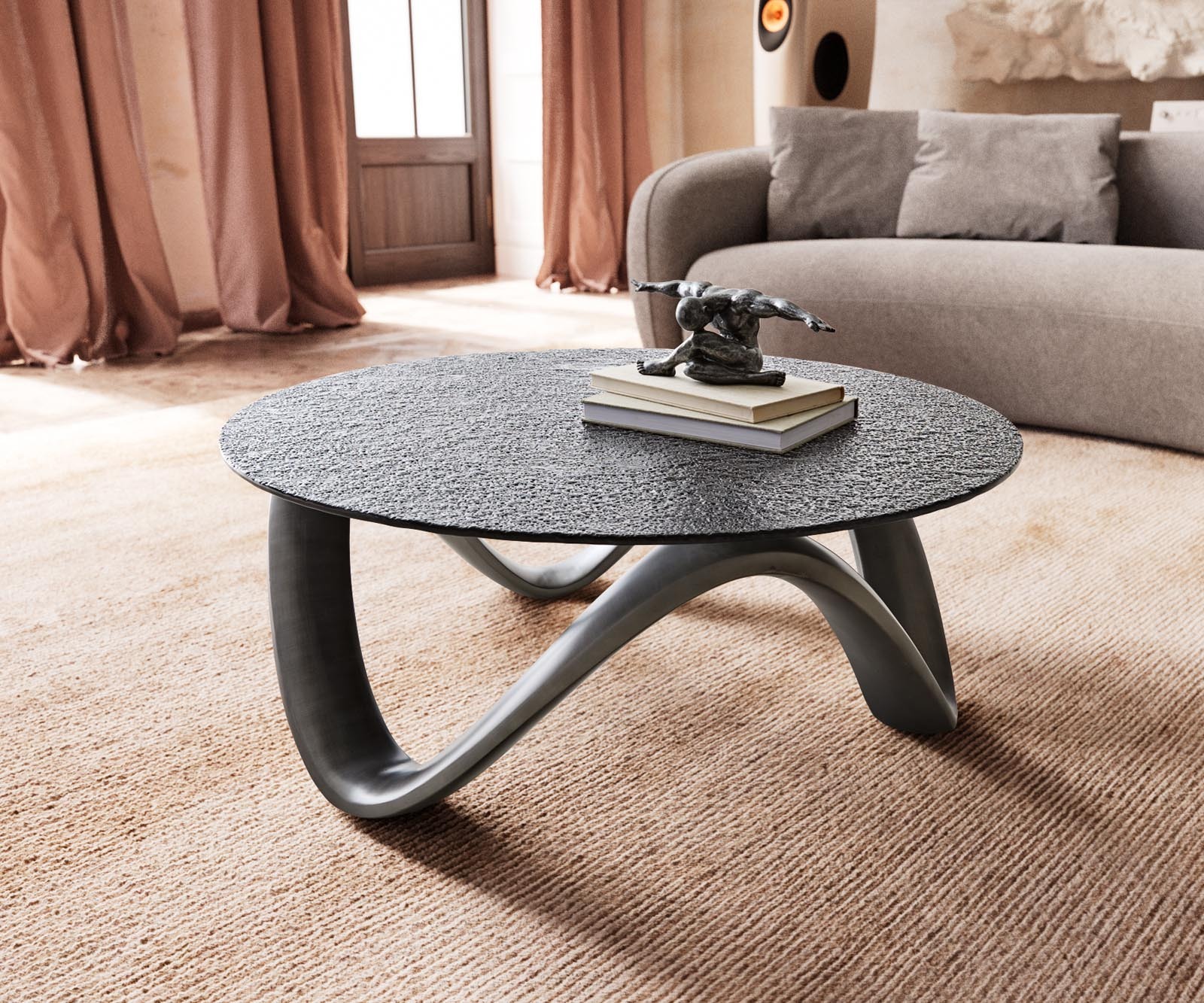 DELIFE Couchtisch Tanju 90x90 cm Metallic Silber mit Reliefglas Grau